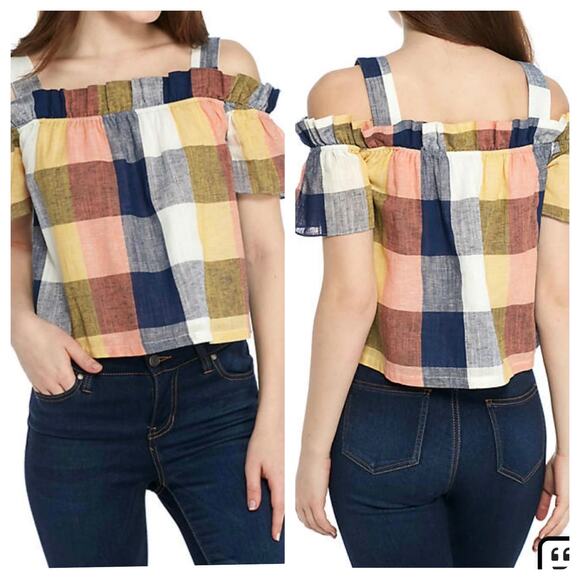 English Factory Short Sleeve Ruffled Cold Shoulder Plaid Top Size XS - Picture 1 of 11